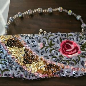 Vintage beaded and sequence Pink and Gray Crescent Clutch with Beaded Handle